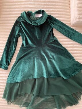 Girls Emerald Green Velvet Fit & Flare Dress with Tulle Skirt